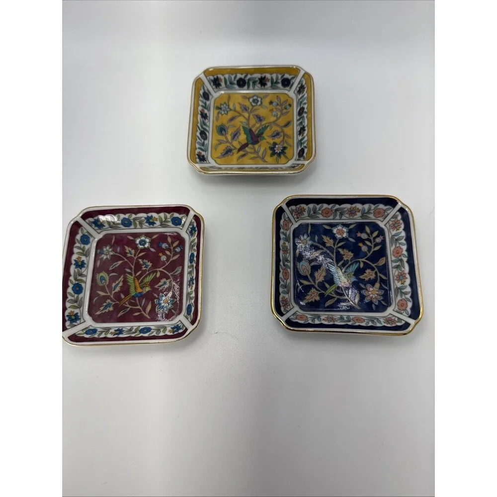 Set of 3 Takahashi 1983 Silk Road Trinket Dish Floral Bird Hand Decorated 3.25”